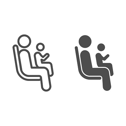 Place for passengers with children line and solid icon, Public transport concept, priority seating area in transport sign on white background, person with a child in seat icon in outline. Vector