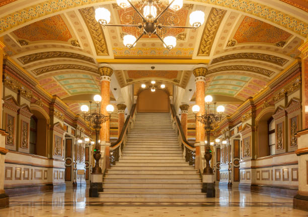 Springfield, Illinois, USA, Illinois State Capitol building Springfield, Illinois, USA - September 1 2015;  Illinois State Capitol building magnificent interior entrance, ornately decorated with stairs leading to upper floor. illinois state capitol stock pictures, royalty-free photos & images