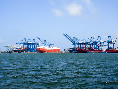 Colon, Panama - Jan 8, 2017: A view of the cranes and a roro ship in the Manzanillo International Terminal in Colon