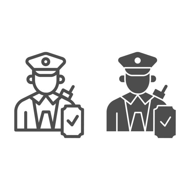 Person in uniform with checkmark line and solid icon, Public transport concept, Railway worker sign on white background, train conductor icon in outline style for mobile, web design. Vector graphics. Person in uniform with checkmark line and solid icon, Public transport concept, Railway worker sign on white background, train conductor icon in outline style for mobile, web design. Vector graphics police force stock illustrations