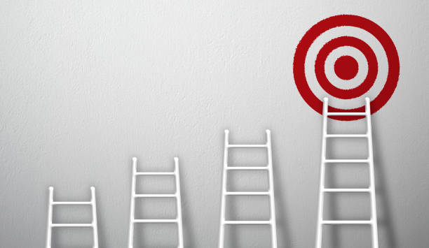 istock Stand out from the crowd and think different creative idea concepts. Longest white ladder growing up growth to aiming high to goal target. 3d illustration 1257324107