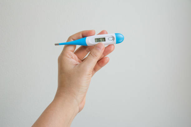 istock Women hands holding a digital thermometer 1257326543