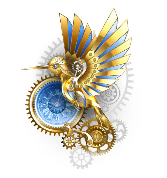Steampunk hummingbird Steampunk, antique, gold, mechanical hummingbird with brass and gray gears on white background. Mechanical bird. ostrich feather stock illustrations