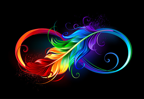 Artistically drawn infinity symbol with beautiful rainbow feather on black background.