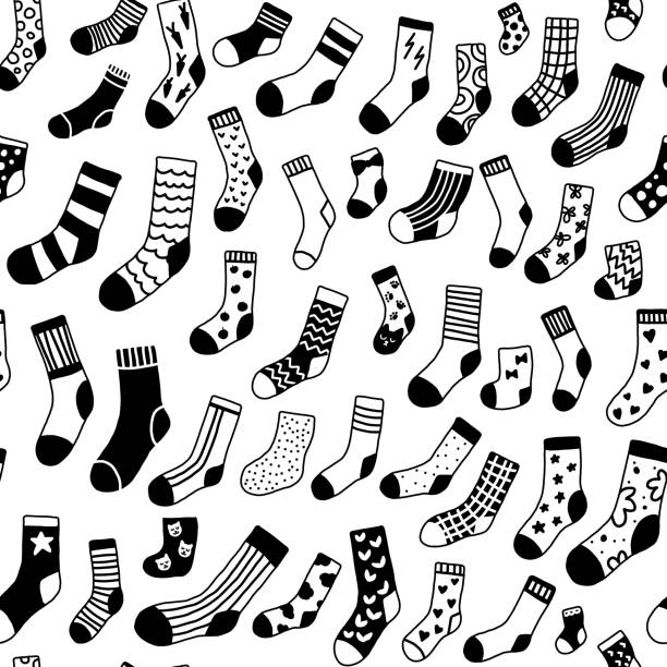 Digital pattern Seamless pattern with doodle black and white socks with different texture. Winter monochrome clothing items scandinavian style. sock stock illustrations