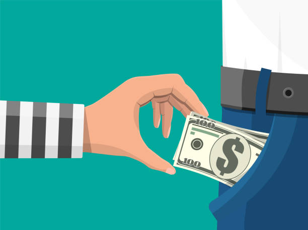 Human hand takes money cash from pocket. Human hand in prison robe takes money cash from pocket. Thief pickpocket stealing dollars banknotes from jeans. Crime and robbery concept. Flat vector illustration pickpocketing stock illustrations