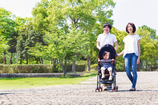 istock young couple pushing stroller and walking park promenade 1257340763