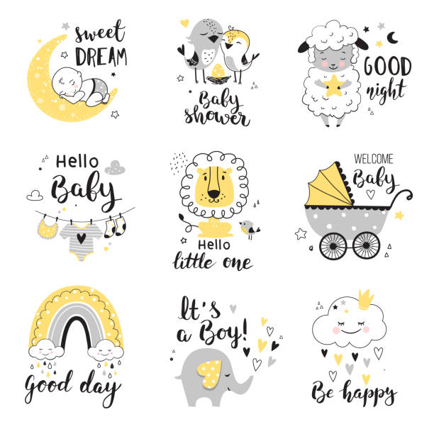 Baby Shower cards. Baby Shower card design with cute elephant, little lion and lamb.  
Nursery prints for invitations, greeting cards, kids and baby t-shirts and wear. Hand drawn vector illustration. moonlight illustrations stock illustrations
