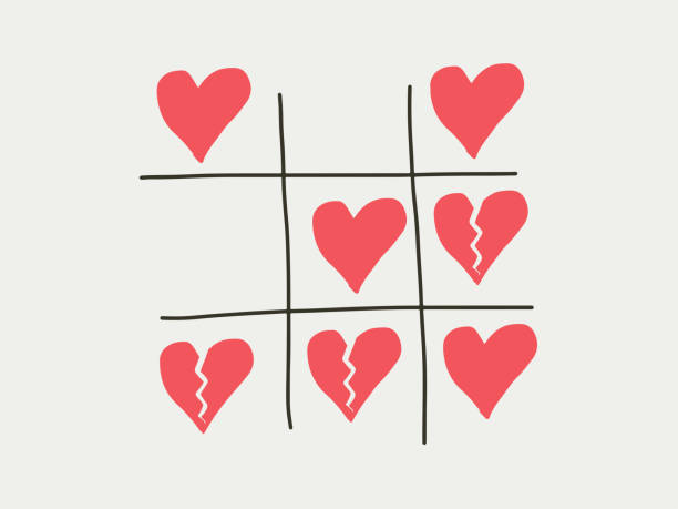 Tictactoe game of love heart and separated breaking heart. Love concept Tictactoe game of love heart and separated breaking heart. Love relationship, marriage, divorce breakup concept. Happiness love part wins or more heartbreak in the relationship the balance of the love divorce papers stock illustrations