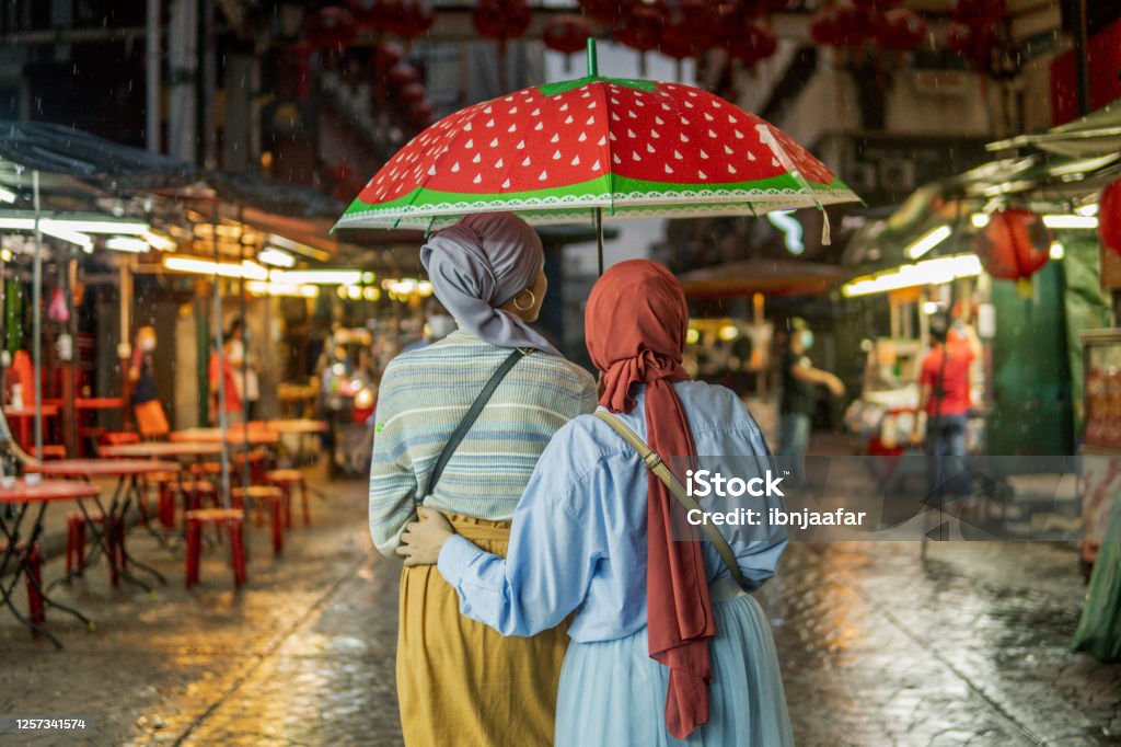 Asian women with umbrella at city during heavy rain Insurance Stock Photo