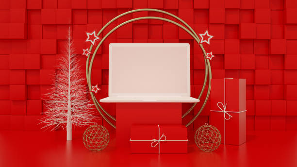 istock Blank Screen Laptop with Christmas Tree, Minimal New Year Concept, Red Background 1257341744
