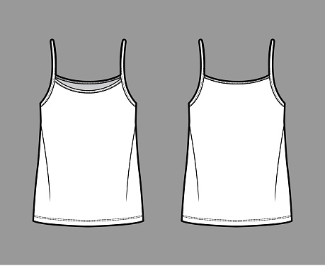 Camisole top technical fashion illustration with oversized body, bonded strap scoop neck. Flat cami shirt apparel template front, back, white color. Women, men unisex CAD mockup