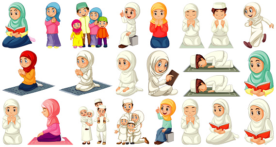 Set of different muslim people cartoon character isolated on white background