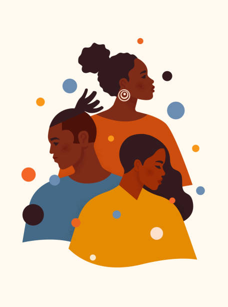 bildbanksillustrationer, clip art samt tecknat material och ikoner med black lives matter. afroamerikanska män och kvinnor i färgglada kläder står en efter en. tolerans och inget rasismkoncept. protest banner om mänskliga rätten för svarta människor. tecknad vektor illustration. - svart färg illustrationer