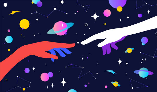 Two hands. The Creation of Adam Two hands. The Creation of Adam. Design concept sign Creation of Adam. Silhouette hands of man and god, universe starry night dream background. Colorful contemporary art style. Vector Illustration couple hope sky blue stock illustrations