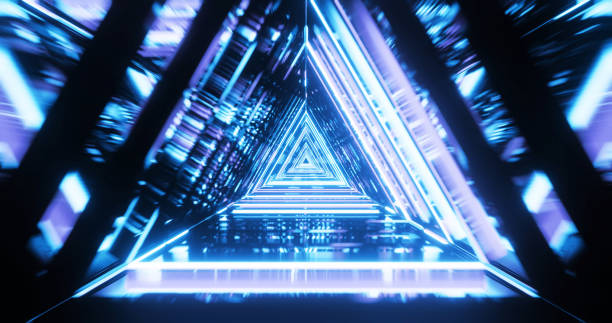 Abstract futuristic corridor with triangles, fluorescent ultraviolet light, colorful laser neon lines, geometric endless tunnel, blue spectrum, 3d illustration Abstract futuristic corridor with triangles, fluorescent ultraviolet light, colorful laser neon lines, geometric endless tunnel, blue spectrum, 3d illustration intro music photos stock pictures, royalty-free photos & images