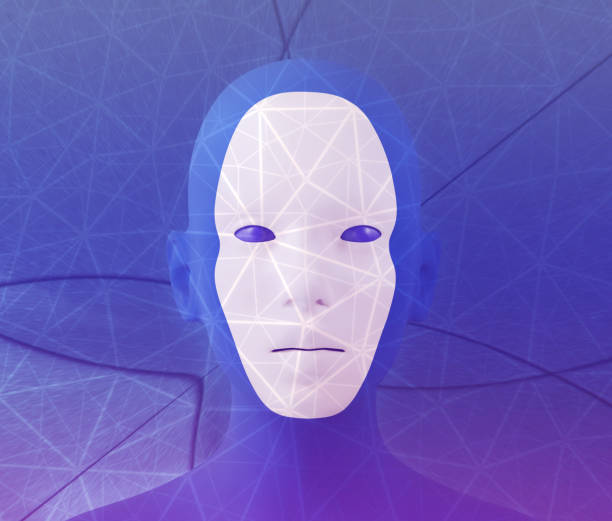 istock Robot face, futuristic background, hi-tech concept. Artificial Intelligence. A futuristic blue business background featuring an avatars face. 3d illustrtation 1257351081