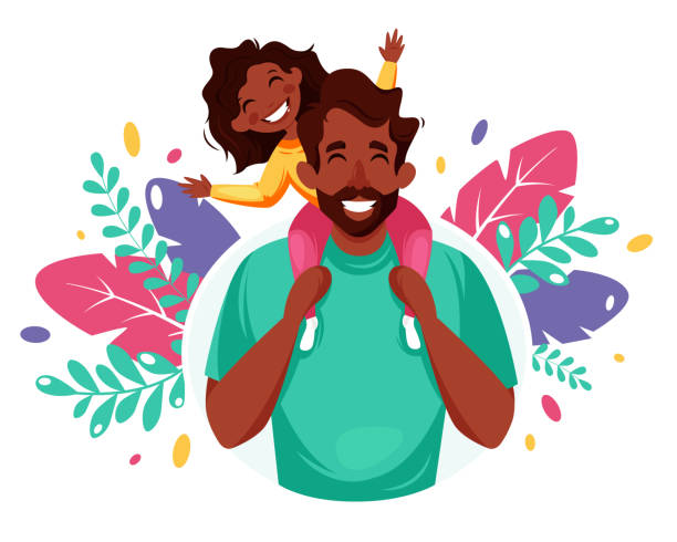 Happy Father's Day. Black man with daughter in his shoulders. Father's Day greeting card, banner concept. Vector illustration in flat style. Hand drawn vector illustration for cards, icons, postcards, banners, logotypes, posters and professional design. daughter stock illustrations