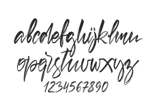 рукописная каллиграфическая кисть font. английский алфавит буквы whith номера - alphabet customized characters number stock illustrations