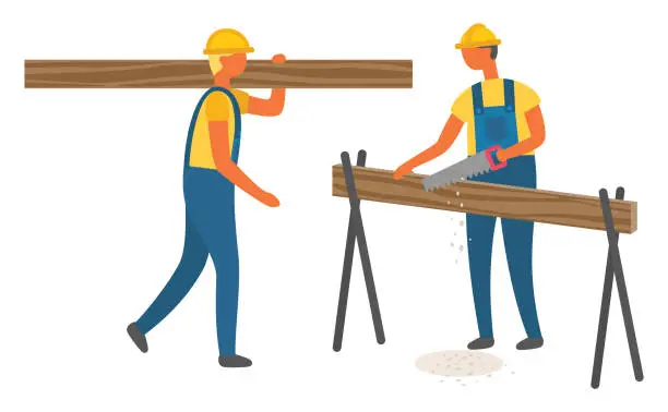 Vector illustration of Builders Carrying and Sawing Log, Timber Vector