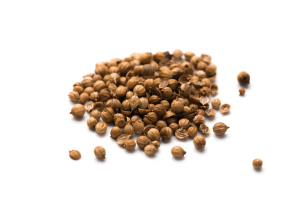 istock Heap of raw, unprocessed organic coriander or cilantro seeds on white background 1257355698