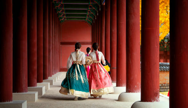 ソウル市の紅葉公園と古い宮殿でハンボクドレスウォークアジアの女の子 - traditional clothing ストックフォトと画像