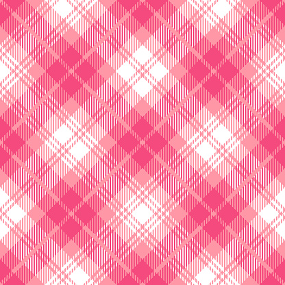 Pink and white Scottish tartan plaid seamless diagonal textile pattern background.