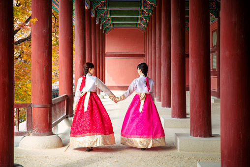 Asian girl walk in autumn leaves park and old palace in seoul city, south korea.