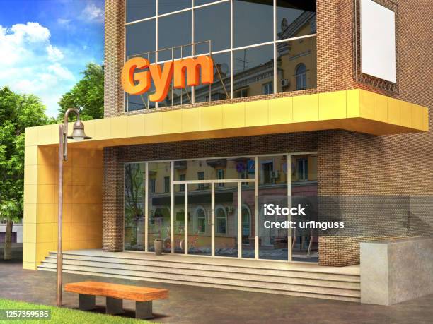 Fasad Of Fitness Gym Building 3d Illustration Stock Photo - Download Image Now - Activity, Architecture, Athlete