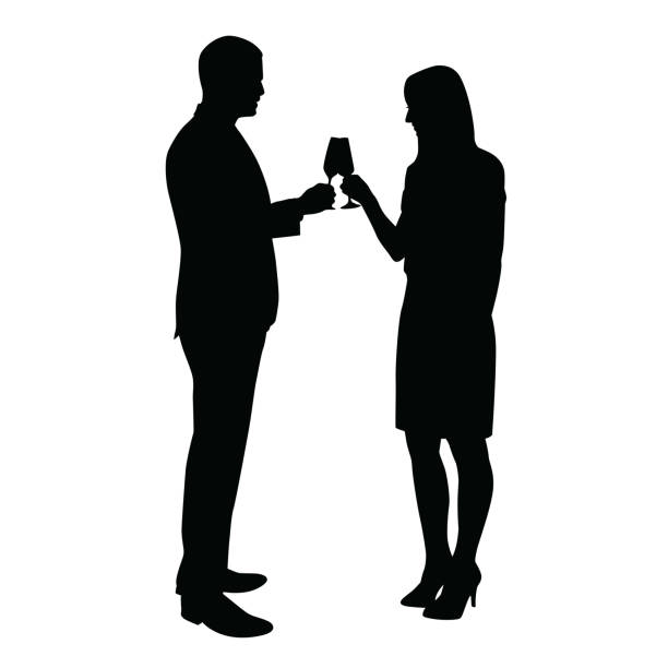 geschäftsmann und frau feiern mit einem glas champagner. vektor-silhouetten eines jungen paares, das zur geburtstagsfeier toastt, erfolg, jubiläum - toast party silhouette people stock-grafiken, -clipart, -cartoons und -symbole