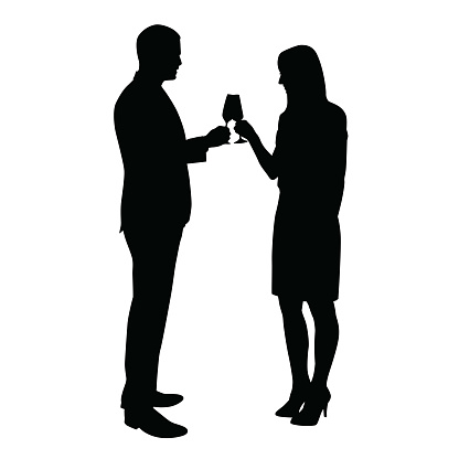 Business man and woman celebrating with a glass of champagne. Vector silhouettes of a young couple who toasts to the birthday celebration, success, anniversary