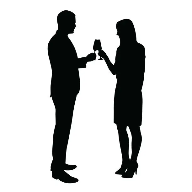 Vector illustration of Business man and woman celebrating with a glass of champagne. Vector silhouettes of a young couple who toasts to the birthday celebration, success, anniversary