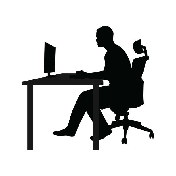 Man sitting on office chair at table and working on computer. Side view. Vector silhouette. Man working in office at desk and staring into monitor Man sitting on office chair at table and working on computer. Side view. Vector silhouette. Man working in office at desk and staring into monitor computer silhouettes stock illustrations