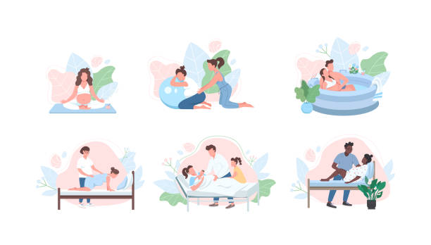 ilustrações, clipart, desenhos animados e ícones de pré-natal fixo cor vetorial conjunto de caracteres sem rosto - midwife human pregnancy women multi ethnic group