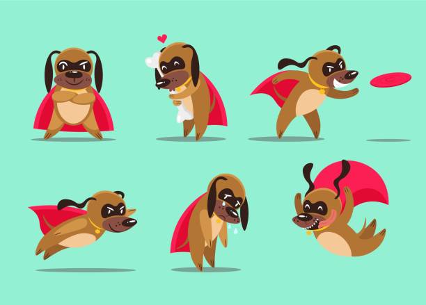 異なるポーズで漫画犬のスーパーヒーローのセット。ベクターの図。 - heroes dog pets animal点のイラスト素材／クリップアート素材／マンガ素材／アイコン素材