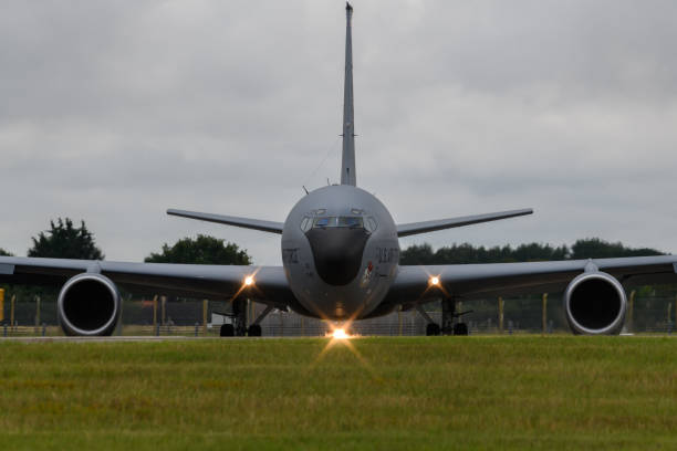 United States Air Force KC-135 Stratotanker aircraft RAF Mildenhall, Suffolk, England - July 18, 2020: United States Air Force KC-135 tanker aircraft taxiing to the runway at its base in England military tanker airplane photos stock pictures, royalty-free photos & images