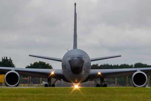 RAF Mildenhall, Suffolk, England - July 18, 2020: United States Air Force KC-135 tanker aircraft taxiing to the runway at its base in England