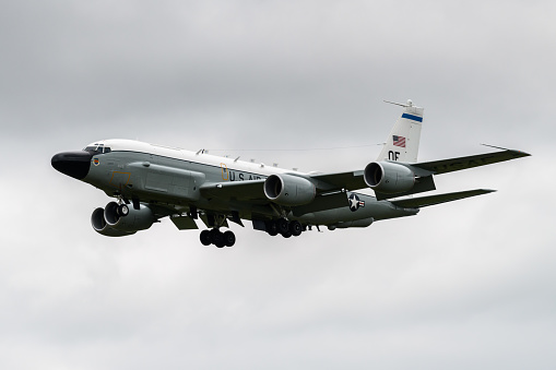 RAF Mildenhall, Suffolk, England - July 18, 2020: United States Air Force RC-135 Rivet Joint aircraft landing at its base in England