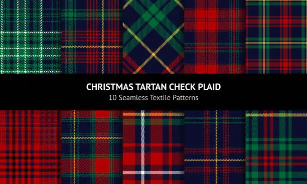 Vector illustration of Christmas pattern set in green, red, yellow, blue. Seamless multicolored tartan check plaid for flannel shirt, skirt, blanket, duvet cover, tablecloth, or other New Year textile print.