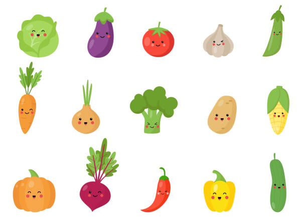 Set of cute and happy kawaii vegetables. Set of cute kawaii vegetables with funny faces. Vector illustration of healthy food vegetables on white background. tomato face stock illustrations