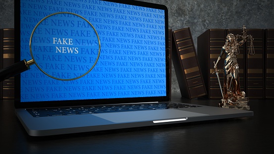 Legal consequences for the dissemination of fake news. 3d illustration.