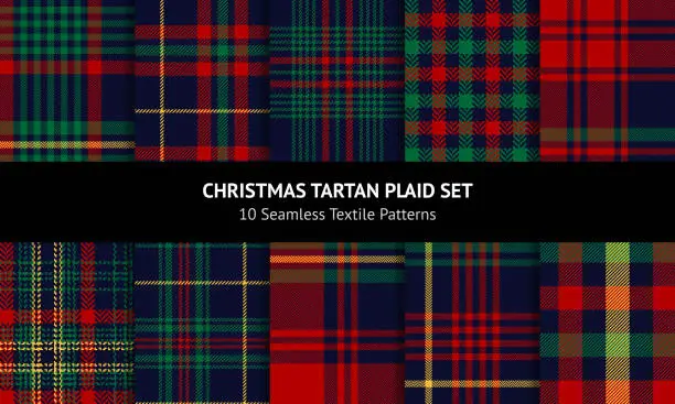 Vector illustration of Tartan plaid pattern set for Christmas and New Year designs. Dark blue, red, green, yellow check plaid for flannel shirt, skirt, blanket, tablecloth, or other modern festive winter textile print.