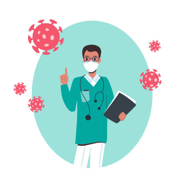 the doctor warns of the dangers of coronavirus. The virologist raised his index finger up, holding a folder with analyzes in his hands. Around him, the bacteria of virus COVID-19 Vector, flat . the doctor warns of the dangers of coronavirus. The virologist raised his index finger up, holding a folder with analyzes in his hands. Around him, the bacteria of virus COVID-19 Vector, flat sick leave cartoons stock illustrations