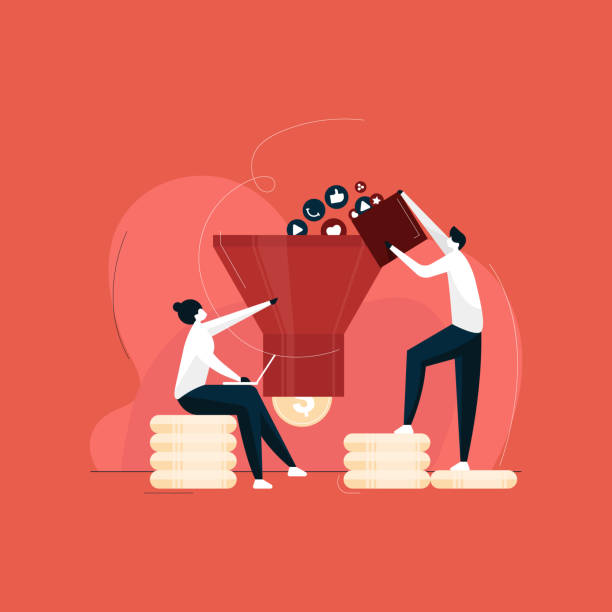 illustrazioni stock, clip art, cartoni animati e icone di tendenza di ottimizzazione del mercato con concetto di funneling - conversion funnel