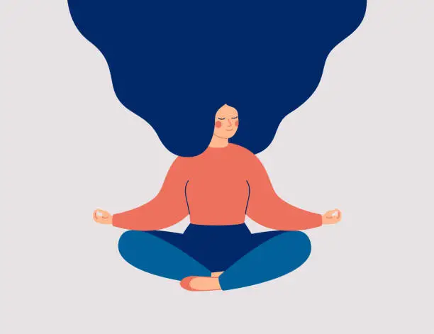 Vector illustration of Young woman sits with cross-legged on the floor and meditates with closed eyes.