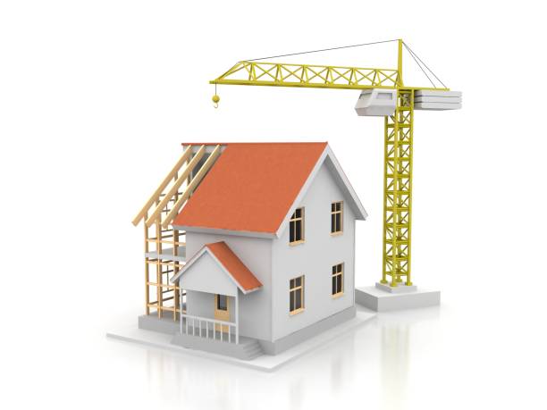 istock House 3d rendering illustration with open interior on top. Blueprints, documents, crane and mortgage calculations. 1257369536