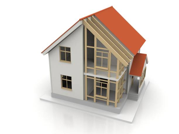 istock House 3d rendering illustration with open interior on top. Blueprints, documents, crane and mortgage calculations. 1257370699