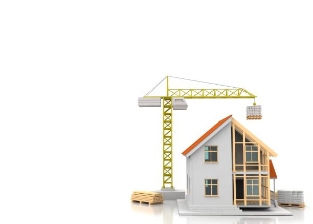 istock House 3d rendering illustration with open interior on top. Blueprints, documents, crane and mortgage calculations. 1257370986