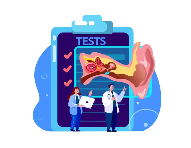 Vector illustration of Audiologist Professors Scientists ENT-Doctors Examine Tests,Analysis,Ear Anatomy Structure.Otitis Inflammation,Ear Pain.Research , Clinical Investigation.Medical Council Diagnostic.Vector Illustration