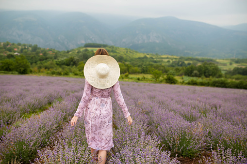 A young woman walking through a field of lavender
